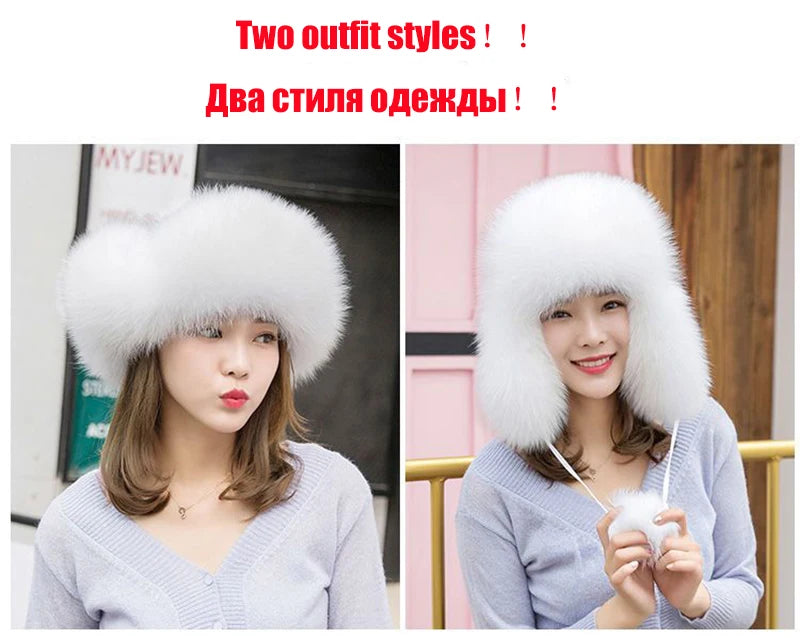 2025 100% Real Fox Fur Hats Women's Russian Ushanka Aviator Trapper Snow Skiing Hat Caps Earflap Winter Raccoon Fur Bomber Hat