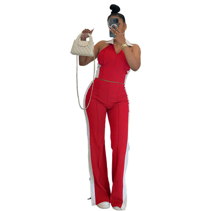 CM.YAYA Sporty Patchwork Women's Set Sleeveless Polo-tank Tops and Slit Flare Pants 2025 Active Two 2 Piece Set Outfit Tracksuit