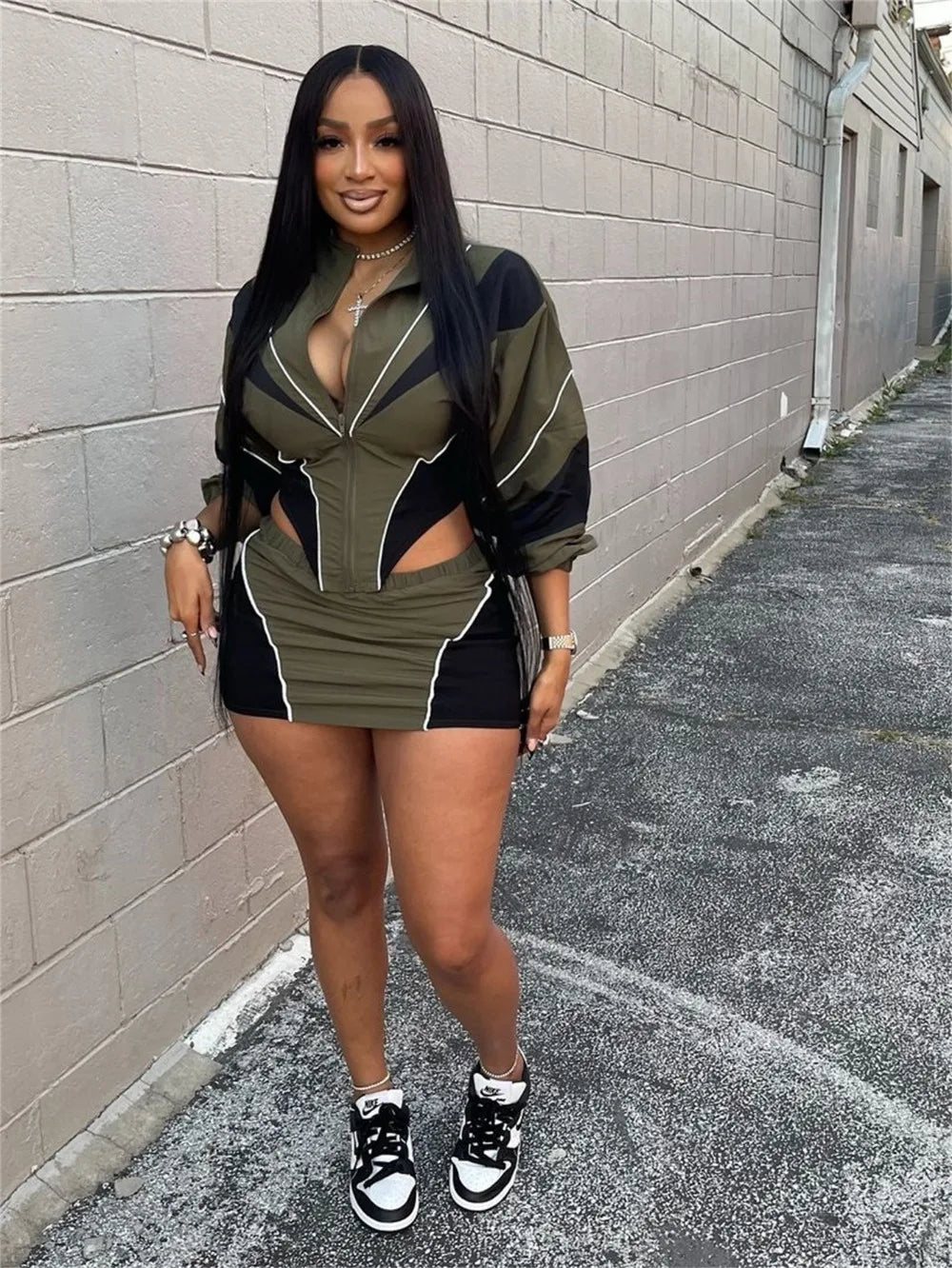 FLARORA Fashion Patchwork 2Pcs Sets Woman Long Sleeve Zipper Irregular Crop Jacket And Skinny Mini Skirts Streetwear Outfits New