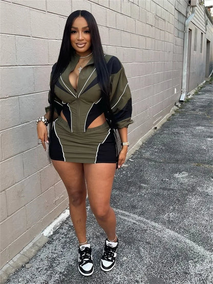 FLARORA Fashion Patchwork 2Pcs Sets Woman Long Sleeve Zipper Irregular Crop Jacket And Skinny Mini Skirts Streetwear Outfits New