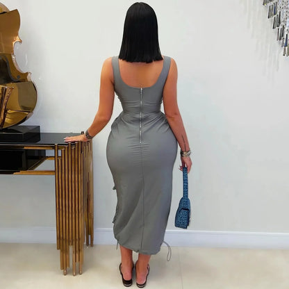 FAGADOER Elegant Cargo Pockets Patchwork Bodycon Long Dress for Woman Spaghetti Strap Backless Zip Dresses Casual Vestidos New