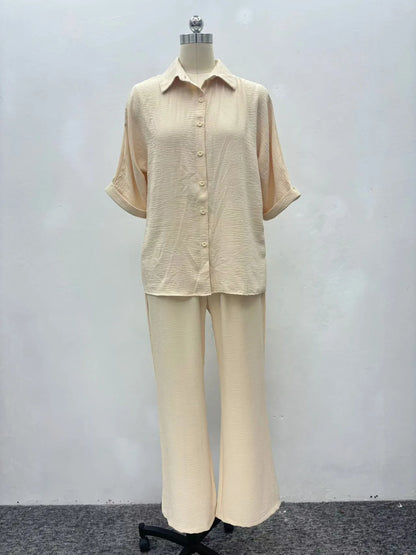 Pant Set Women Two Piece Sets Turn Down Collar Matching Sets Shirt Tops Casual Loose Wide Leg Long Pants Elastic Waist 2025