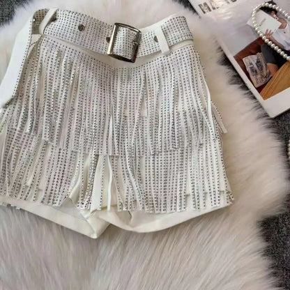 XFPV American Style Women's Shorts Summer Belt Gathered Waist Zipper Spliced Beading Tassel Shorts Female New Fashion 22D1803