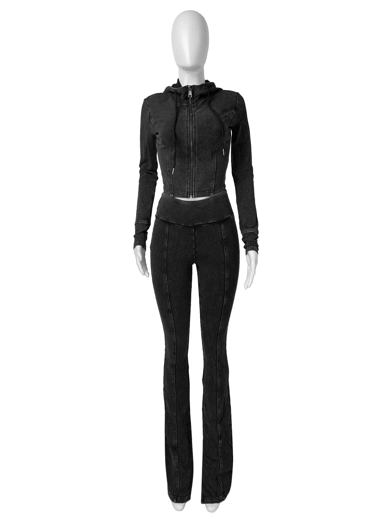 Weird Puss Distressed Women Two Piece Set Tracksuit Zip Hooded Jacket+Waistband Flare Pants Streetwear Matching Stripe Outfits