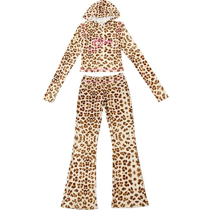 FAGADOER Sexy Leopard Print 2 Piece Sets Women Outfit Long Sleeve Zipper Hooded Crop Jacket + Flare Pants Suits Female Clothing