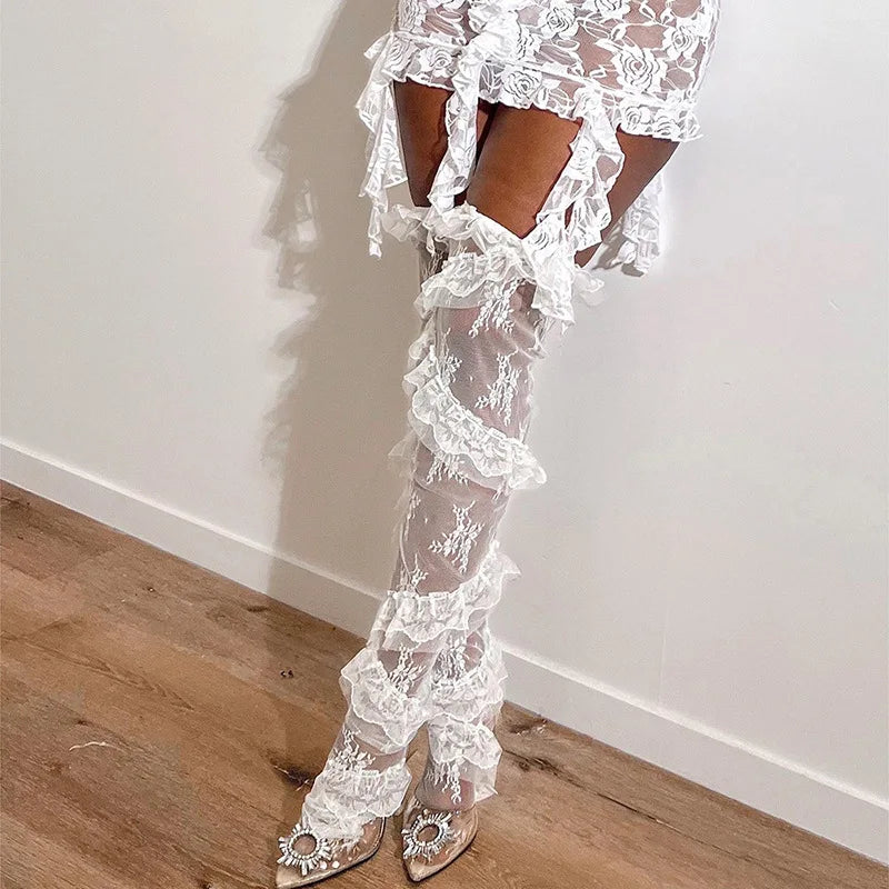 BKLD Stockings Women Spring New Fashion Ruffles Patchwork Loose Lace Knee High Socks Harajuku Streetwear Fishnet Stockings