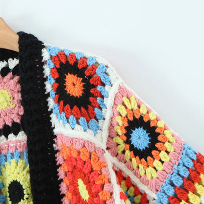 BOHO Geometric Plaid Hand Made Crochet Cardigan Woman V neck Long sleeve Sweater Open Stitching Knitwear Jumper Holiday
