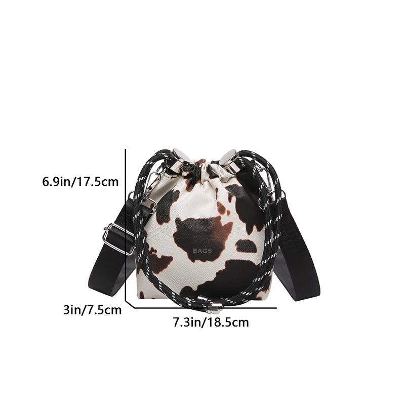 New Women's Mini Leopard Crossbody Bag Pu Leather Bucket Bag Drawstring Shoulder Bag Wide Strape Women's Bags Large Storage Bags