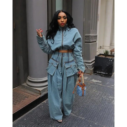 Casual Loose Denim Two Piece Set for Women Streetwear 2023 Autumn Zipper High Collar Crop Top Elastic Waist Wide Leg Cargo Pants