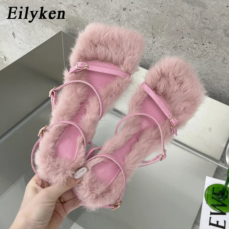 Eilyken 2025 New Brand Plush Fur Fuzzy Sandals Women Thin Heels Fashion Square Toe Ankle Lace Up Buckle Strap Slides Shoes