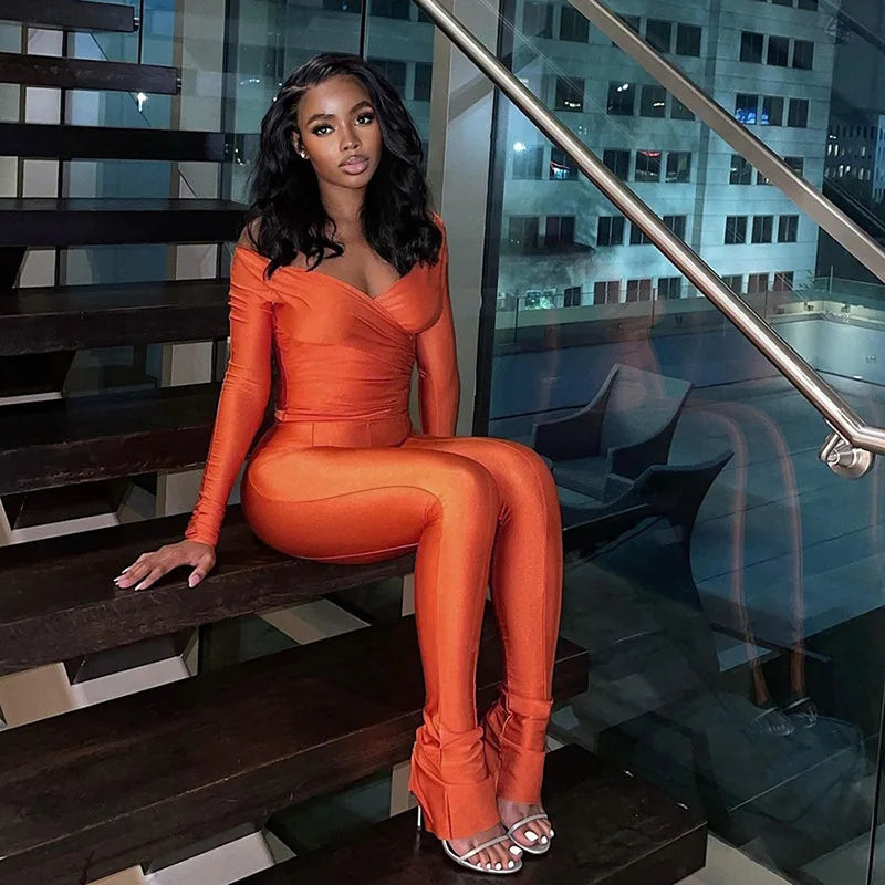 Simenual Casual Skinny Women Two Piece Set Sexy Deep V Crop Tops High Waist Pants Cyber Y2K Outfits Slim Co Ord Suits Streetwear