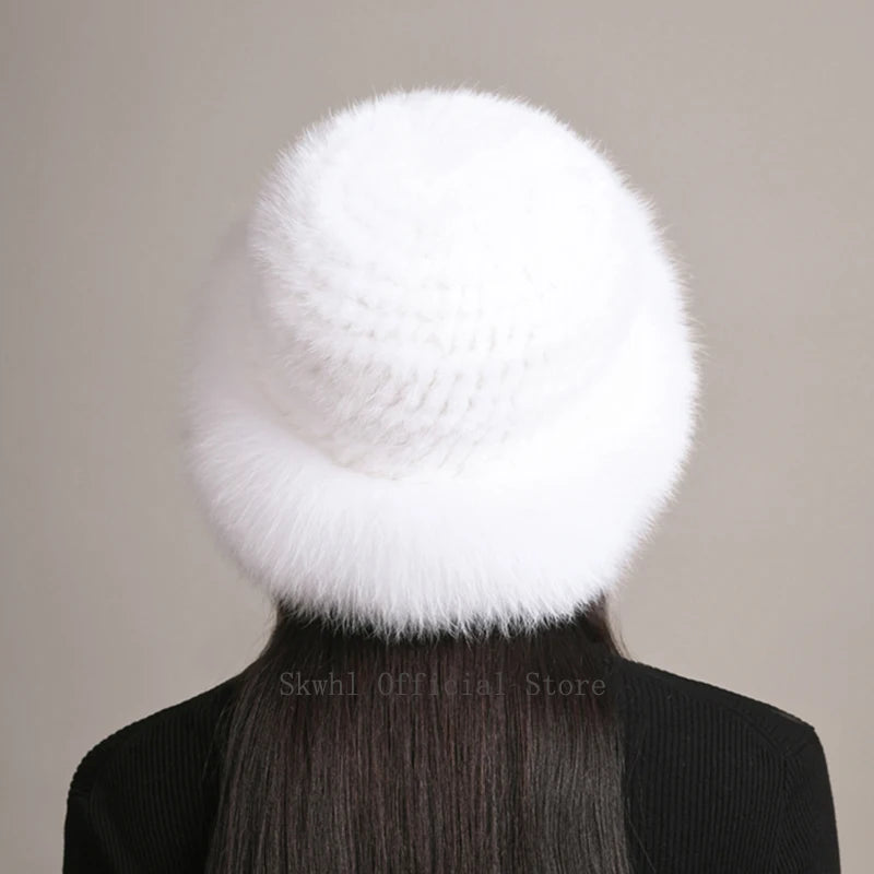 New Genuine Real Natural Knitted Mink Fur Hat Cap Luxury Women Handmade Knit Fashion Winter Headwear Warm Real Fox Fur Beanies