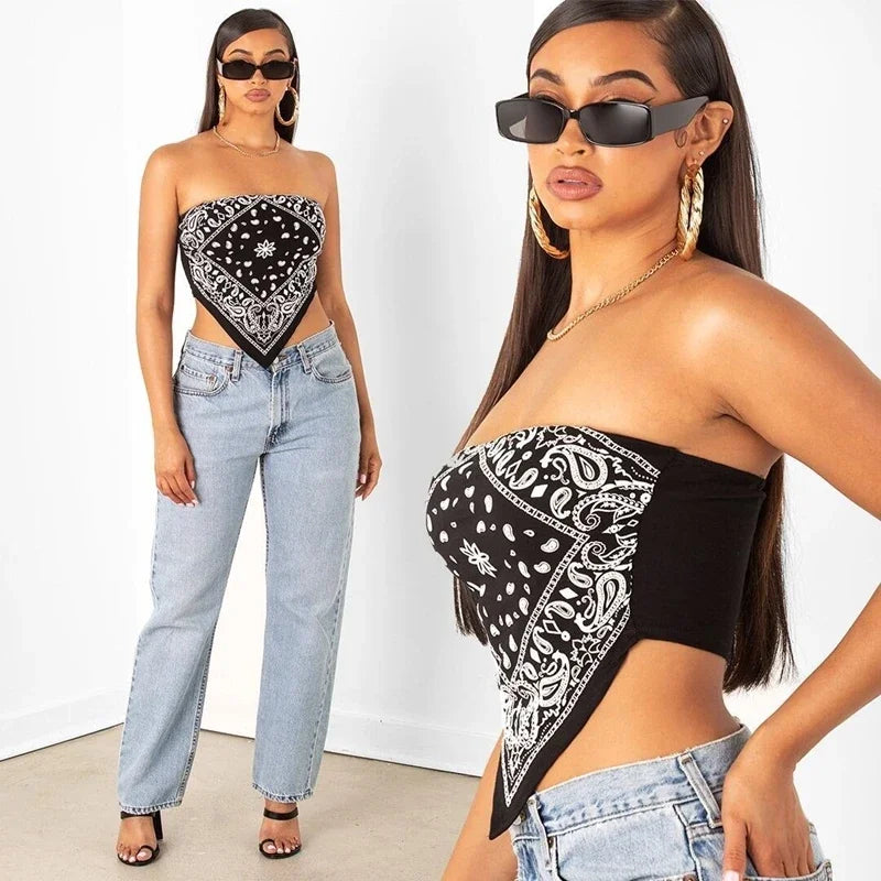 ANJAMANOR Cute Sexy Graphic Bandana Crop Top Women Clothing 2023 Summer Women Off Shoulder Backless Tank Tops D13-AI10