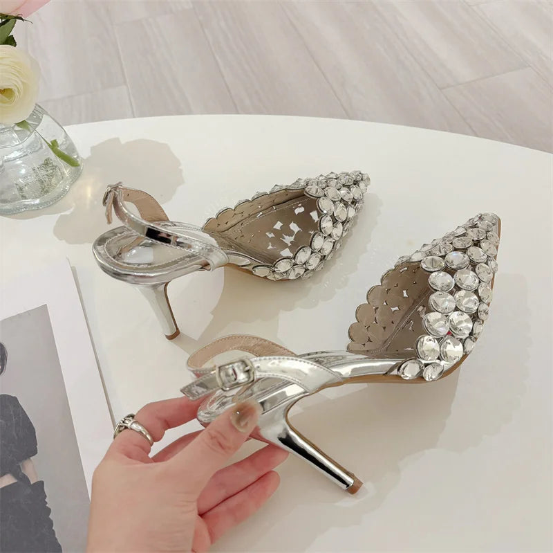 Liyke Elegant Pointed Toe Slingback Stiletto Sandals Crystal Diamonds Women Pumps High Heels Wedding Prom Shoes Zapatos Mujer