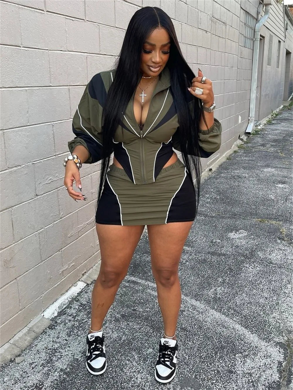 FLARORA Fashion Patchwork 2Pcs Sets Woman Long Sleeve Zipper Irregular Crop Jacket And Skinny Mini Skirts Streetwear Outfits New