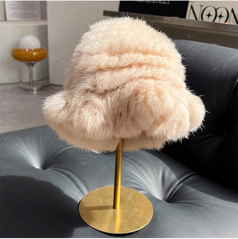 New Real Rabbit Fur Fisherman's Hat For Women Winter Warm Rabbit Fur Caps Soft Natural Rabbit Fur Hats Female Fashion Fur Cap
