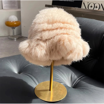 New Real Rabbit Fur Fisherman's Hat For Women Winter Warm Rabbit Fur Caps Soft Natural Rabbit Fur Hats Female Fashion Fur Cap