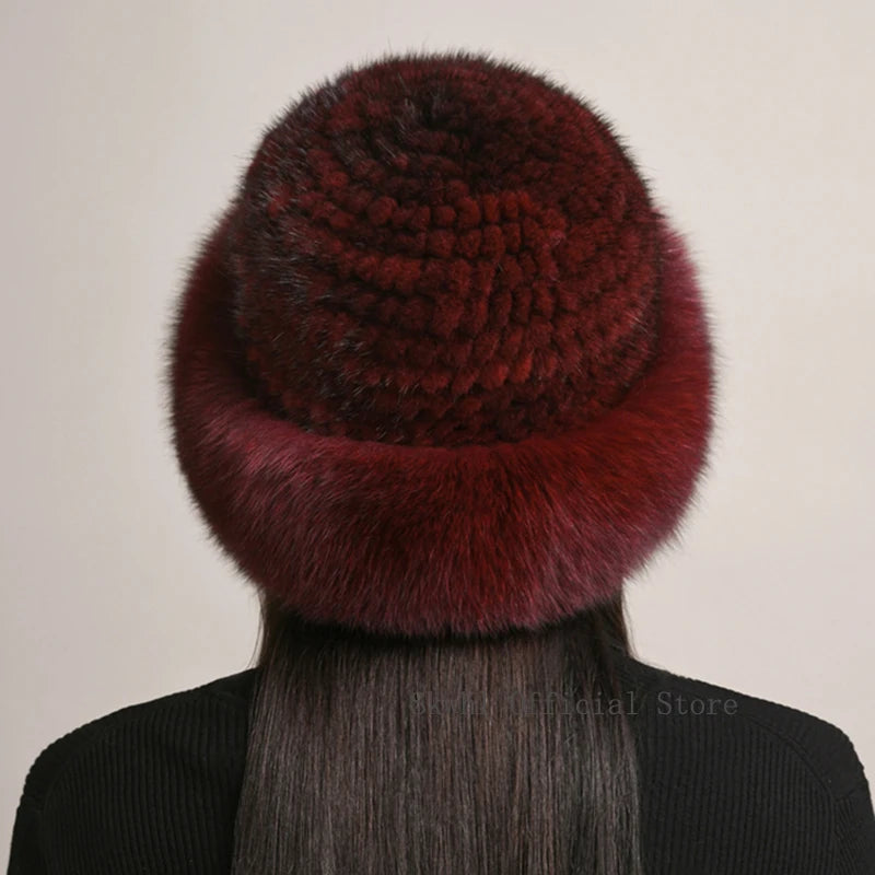 New Genuine Real Natural Knitted Mink Fur Hat Cap Luxury Women Handmade Knit Fashion Winter Headwear Warm Real Fox Fur Beanies