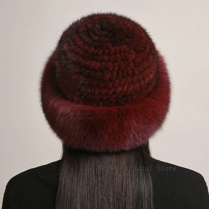 New Genuine Real Natural Knitted Mink Fur Hat Cap Luxury Women Handmade Knit Fashion Winter Headwear Warm Real Fox Fur Beanies