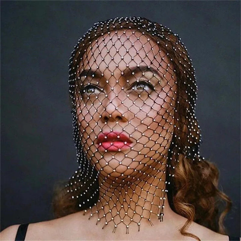 Women Balaclava Elastic Rhinestone Turban Ladies Shining Fishnet Headhood Club Rave Party Head Mask Diamond Headwrap Headcover