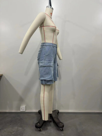 CM.YAYA Women Fashion Pocket Side Straight Knee Length Cargo Jeans 2025 Summer Party Street Short Pants