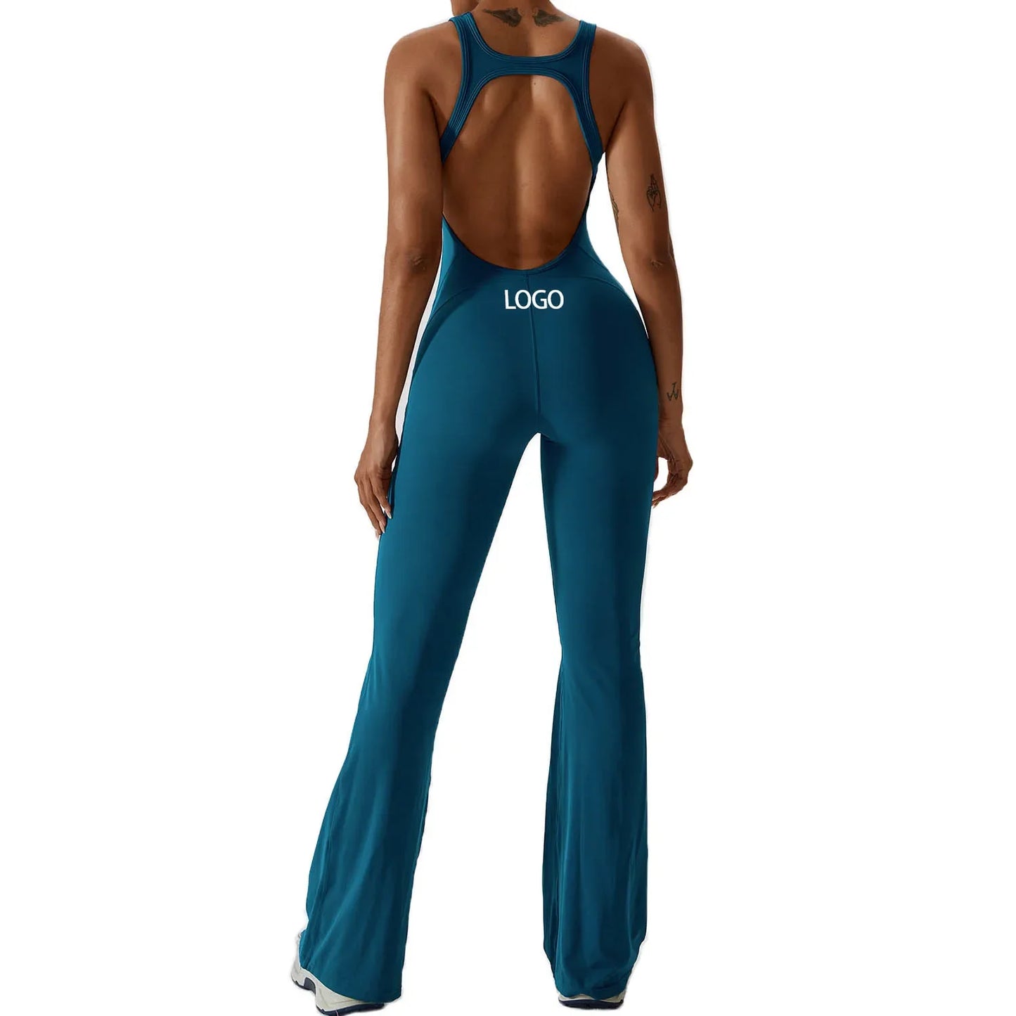 Custom Logo Outdoor Backless High Elastic Fitness Active Yoga Jumpsuit and Rompers One Piece Flared Pants Sets Sports Yoga Wear