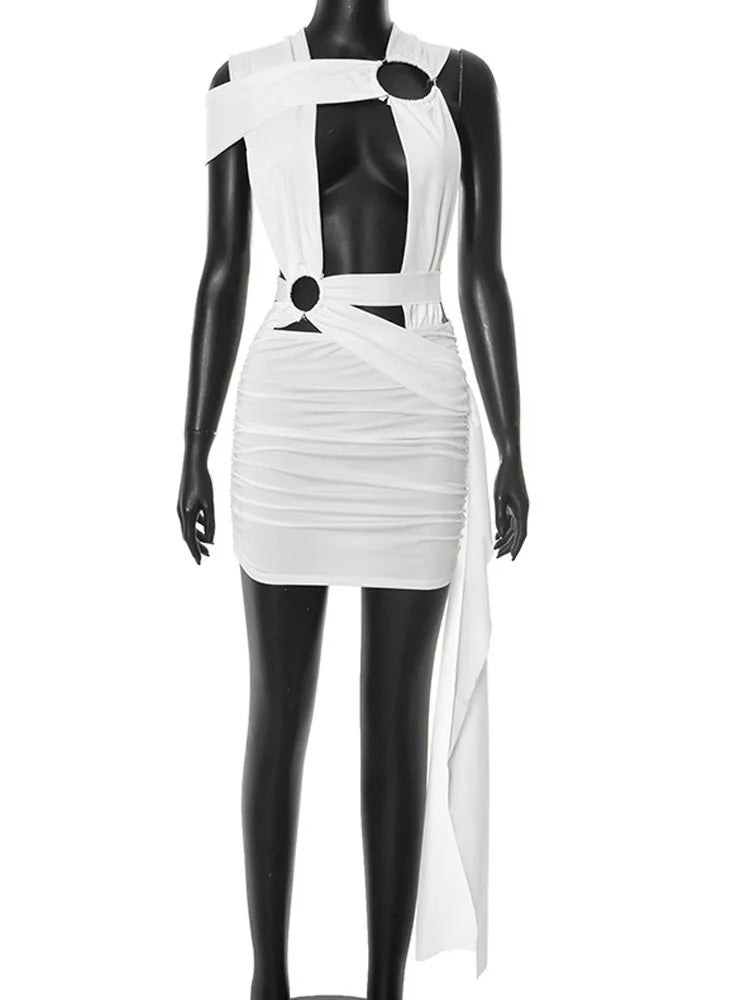 Beyprern Women's Cut Out O-Rings Metal Short Dress Sexy Hollow Out Long Straps Slim Night Out Party Dresses Clubwear Vestidos