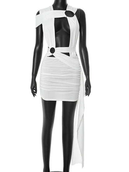 Beyprern Women's Cut Out O-Rings Metal Short Dress Sexy Hollow Out Long Straps Slim Night Out Party Dresses Clubwear Vestidos