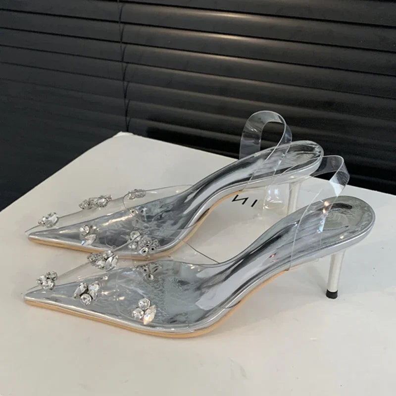 Eilyken Sexy Glitter Crystal PVC Transparent Women Pumps Thin Heels Party Prom Pointed Toe Slingbacks Shoes