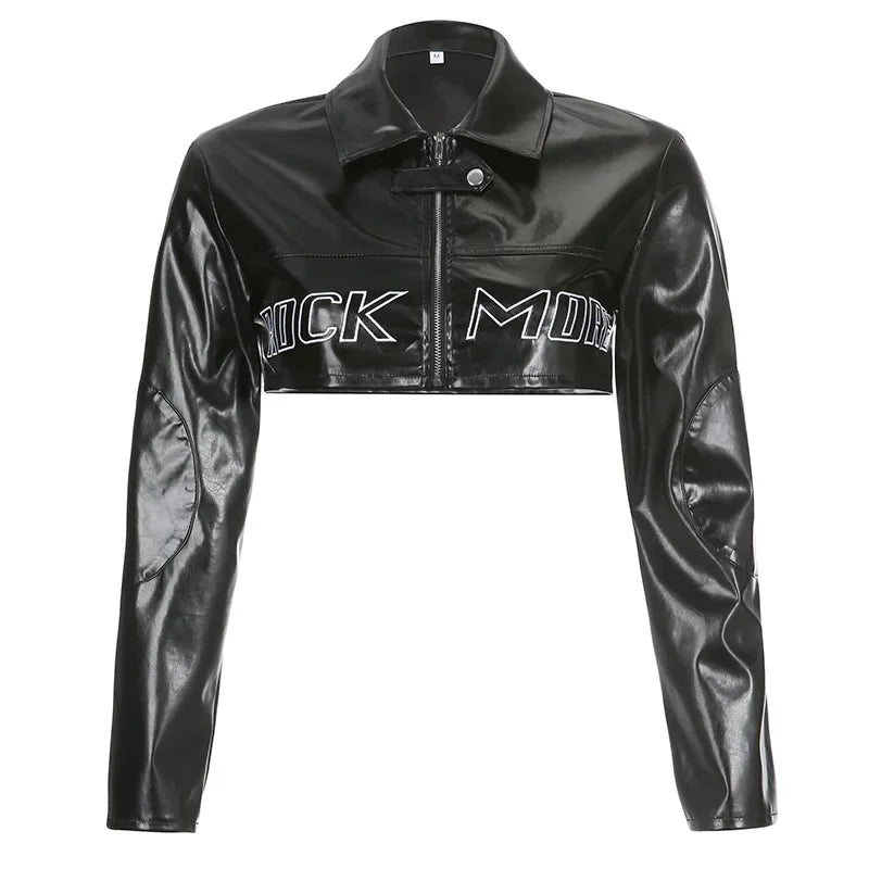 FAGADOER Y2k Punk Gothic Leather Jacket Women Cropped Lapel Letter Embroidery Moto Jackets Coat Short Female Streetwear New