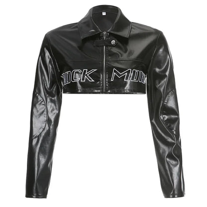 FAGADOER Y2k Punk Gothic Leather Jacket Women Cropped Lapel Letter Embroidery Moto Jackets Coat Short Female Streetwear New