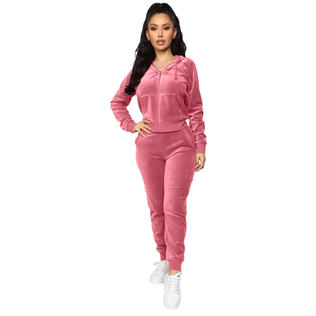 Women Pant Sets Comfortable Velvet Matching Sets Two Piece Set Autumn Loose Zipper Hoodie Jacket Elastic Waist Skinny Pants Sets