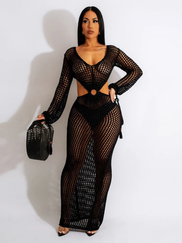 JRRY Sexy Women Crocheted Dresses Tassels Crochet Dress Cover Ups Hollow Out Knitted Beach Swimsuits