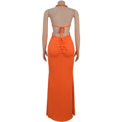 CM.YAYA Women Hemp Rope Halter Neck Stacked Ruched High Split Knit Bodycon Midi Maxi Long Dress 2025 Birthday Sexy Party Dresses