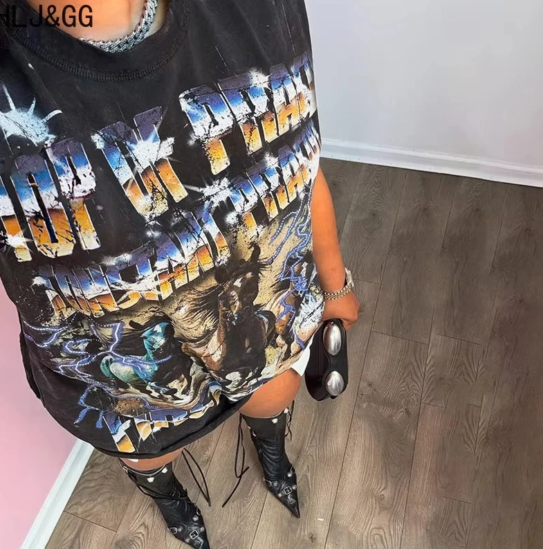 HLJ&GG Black Fashion Graphic Printing Loose T Shirts Women Round Neck Sleeveless Tops Summer New Female Hip Hop Streetwear 2025