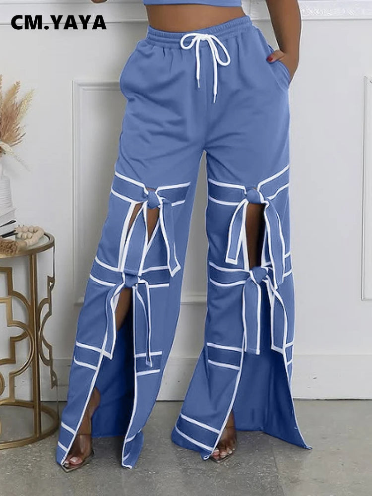 CM.YAYA Fashion Women Striped Patchwork Bowknot Split Wide Leg Jogger Pants 2025 Summer Active Sporty Classic Trousers