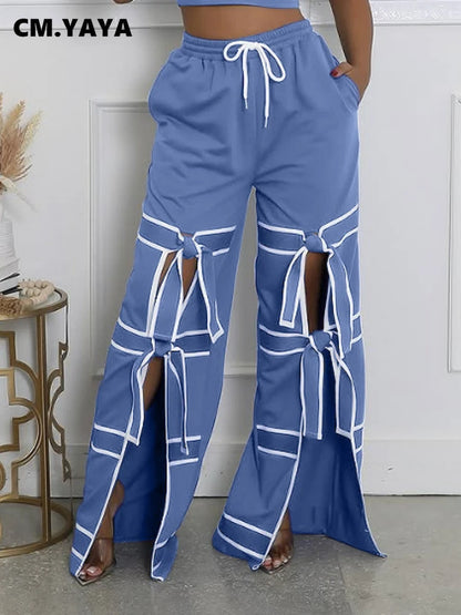 CM.YAYA Fashion Women Striped Patchwork Bowknot Split Wide Leg Jogger Pants 2025 Summer Active Sporty Classic Trousers