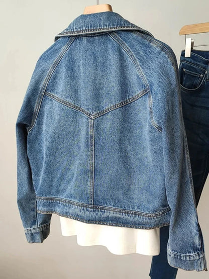 Fitaylor Spring Autumn Women Denim Jacket Casual Lady Moto Biker Coat Vintage Lapel Zipper Jacket