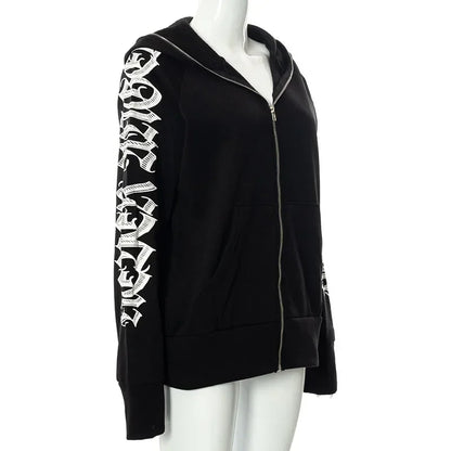 New 2024 Winter Letter Printed Zip Up Hoodie Streetwear Women Cyber Y2k Jackets Cardigan Gothic Punk Clothes Sweatshirts
