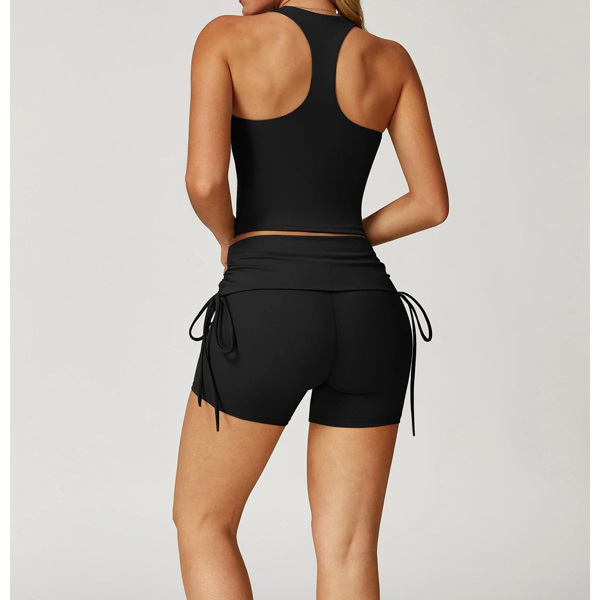 Custom LOGO nude yoga I-shaped beautiful back folded high waist shorts fitness clothes sports running two-piece set