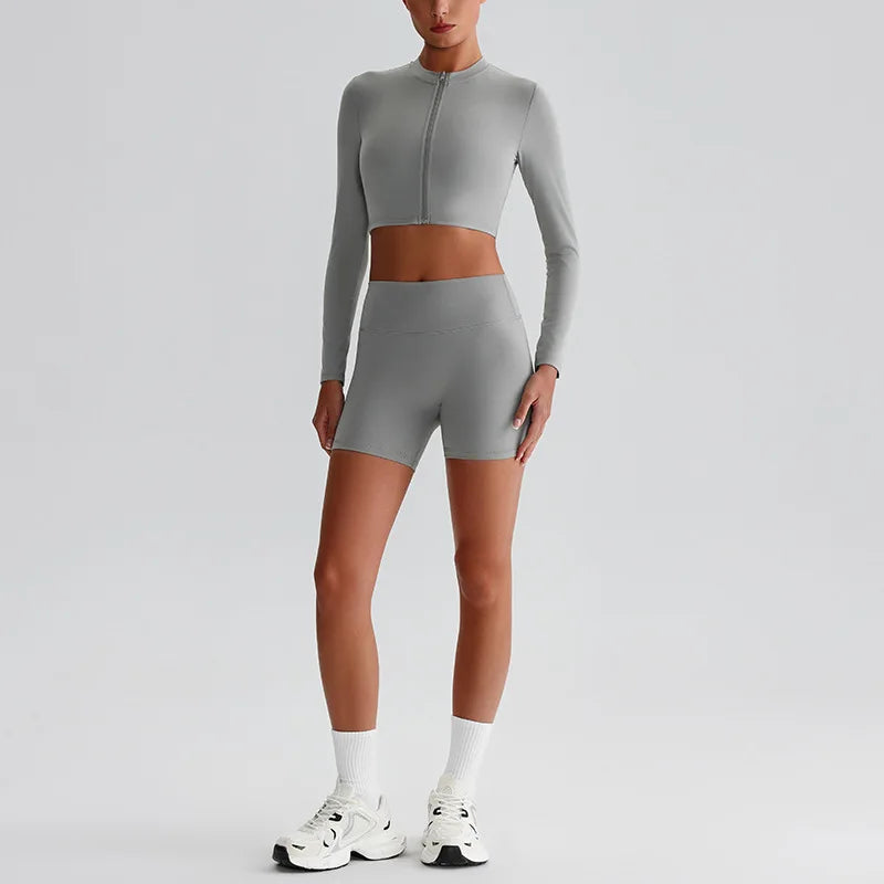 Customized LOGO Women's Skin-friendly Sports Yoga Clothing Slim Elastic Jacket Fitness Shorts Long Sleeve Two-piece Set