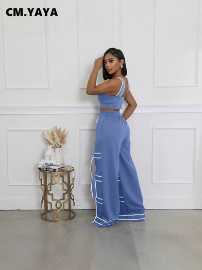 CM.YAYA Fashion Women Striped Patchwork Bowknot Split Wide Leg Jogger Pants 2025 Summer Active Sporty Classic Trousers