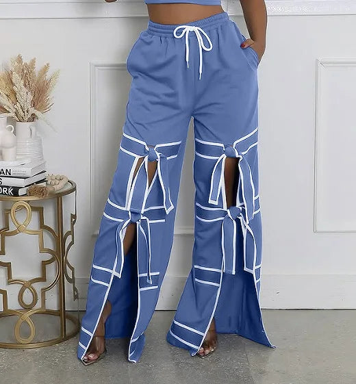 CM.YAYA Fashion Women Striped Patchwork Bowknot Split Wide Leg Jogger Pants 2025 Summer Active Sporty Classic Trousers