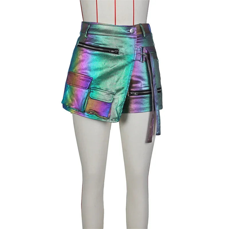 Shiny Metallic Irregular Shorts Skirts Women Y2K Clothing High Waist Button Fly Pockets Party Club Birthday Pantalones Cortos