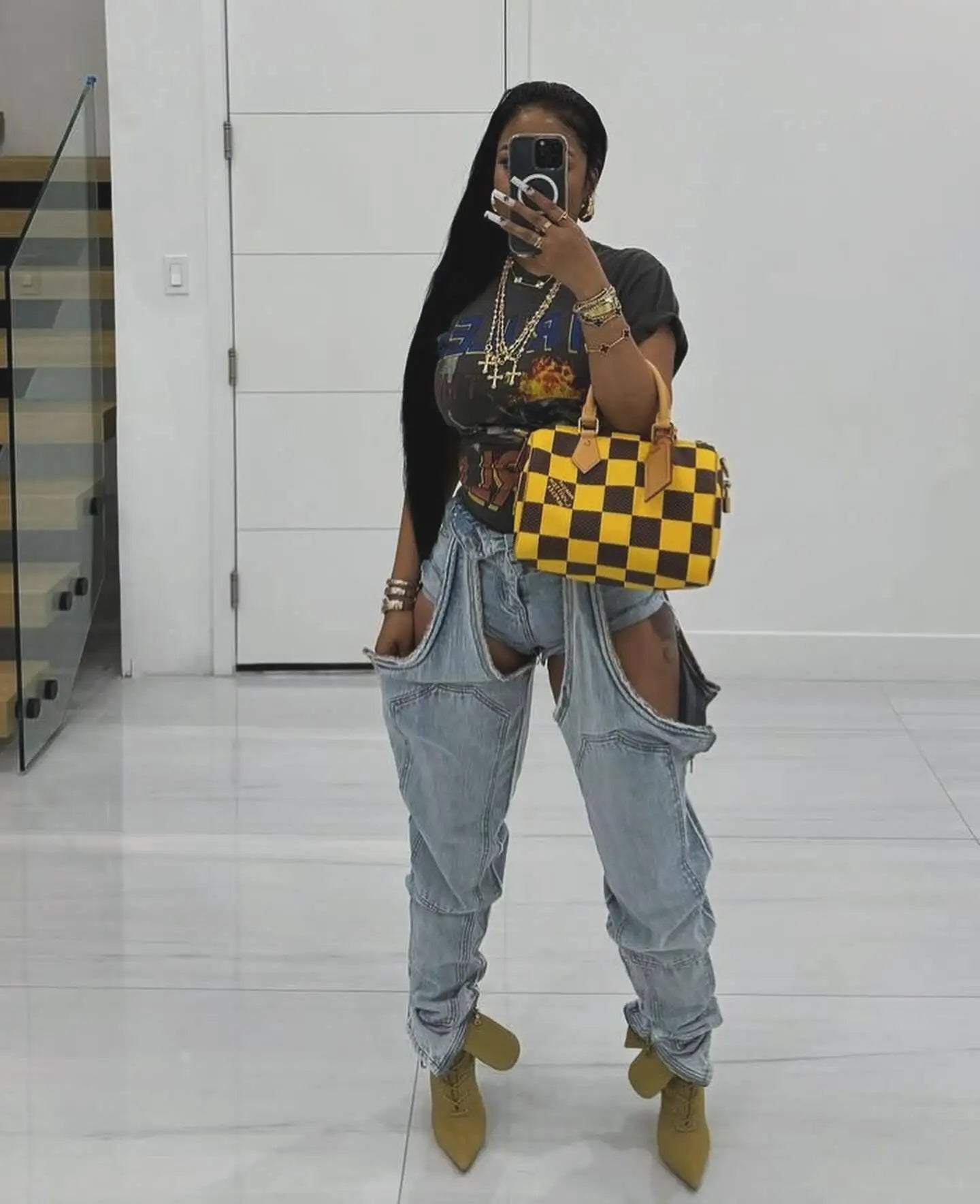 FAGADOER Hollow Out Sexy Denim Pants Women Irregular High Waist Cargo Patchwork Elasticity Jeans Hot Girl Y2k Streetwear Bottoms