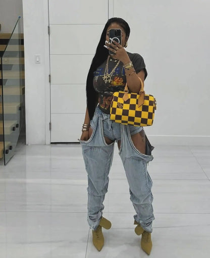 FAGADOER Hollow Out Sexy Denim Pants Women Irregular High Waist Cargo Patchwork Elasticity Jeans Hot Girl Y2k Streetwear Bottoms