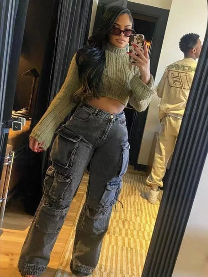 Joskaa Fashion Y2k Pockets Cargo Jeans Women Hipster High Waisted Straight Pants Fall 2023 Casual Denim Trousers Streetwear