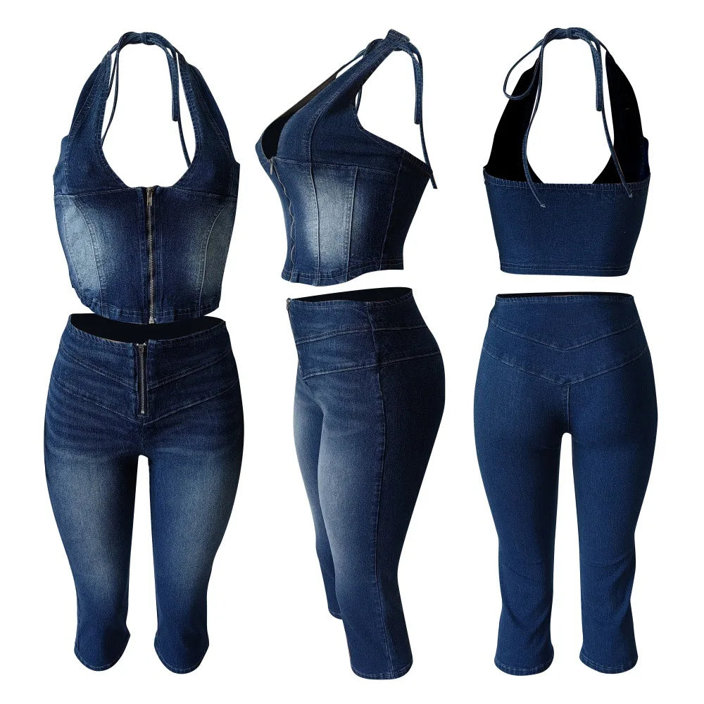 CM.YAYA Fashion ZIP Denim Women's Set sleeveless Crop Top and Calf Length Jeans Pants 2025 Two 2 Piece Sets Outfits Tracksuit
