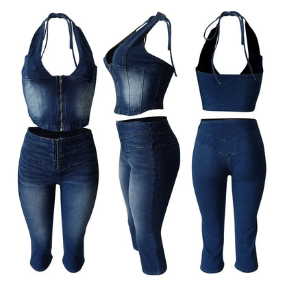 CM.YAYA Fashion ZIP Denim Women's Set sleeveless Crop Top and Calf Length Jeans Pants 2025 Two 2 Piece Sets Outfits Tracksuit
