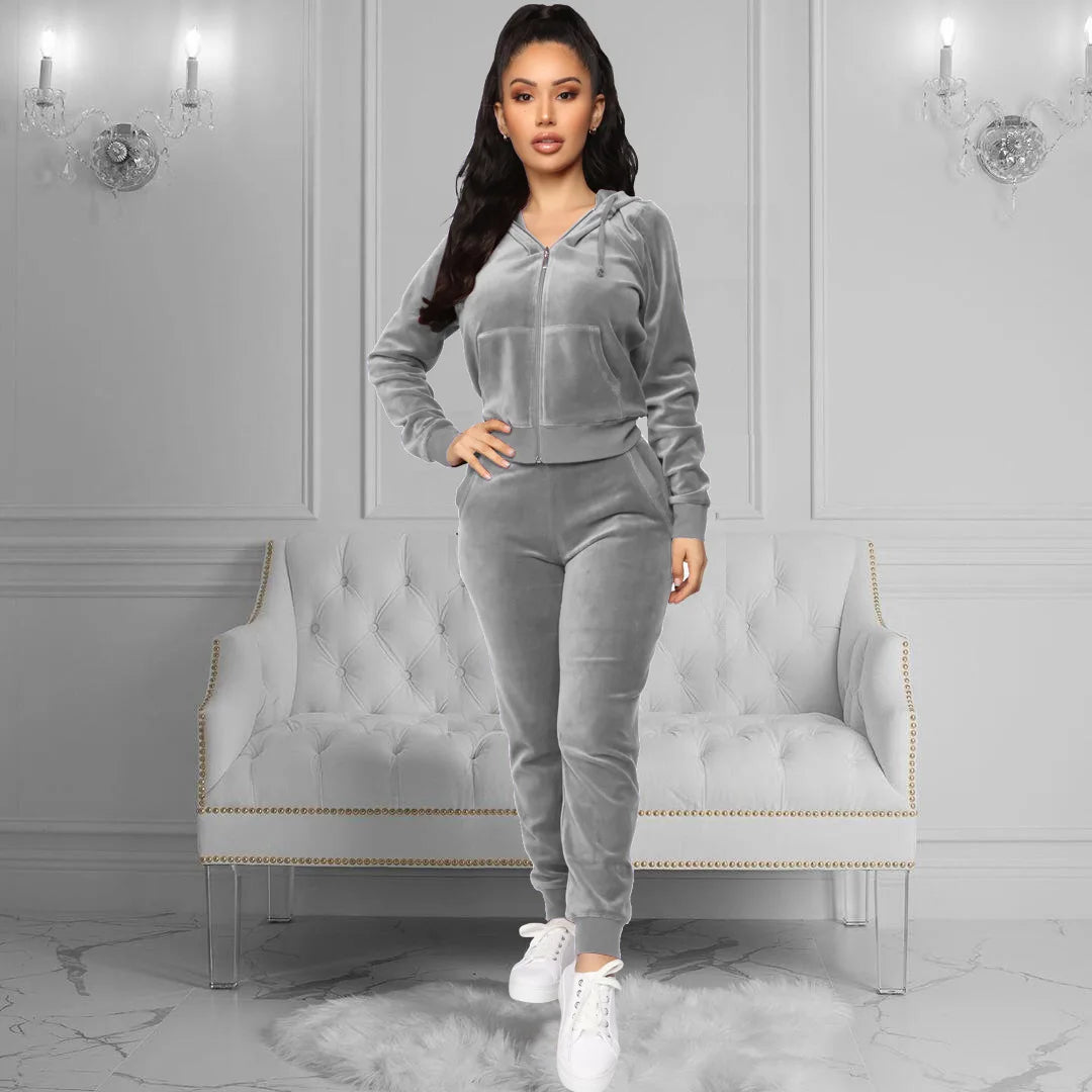 Women Pant Sets Comfortable Velvet Matching Sets Two Piece Set Autumn Loose Zipper Hoodie Jacket Elastic Waist Skinny Pants Sets